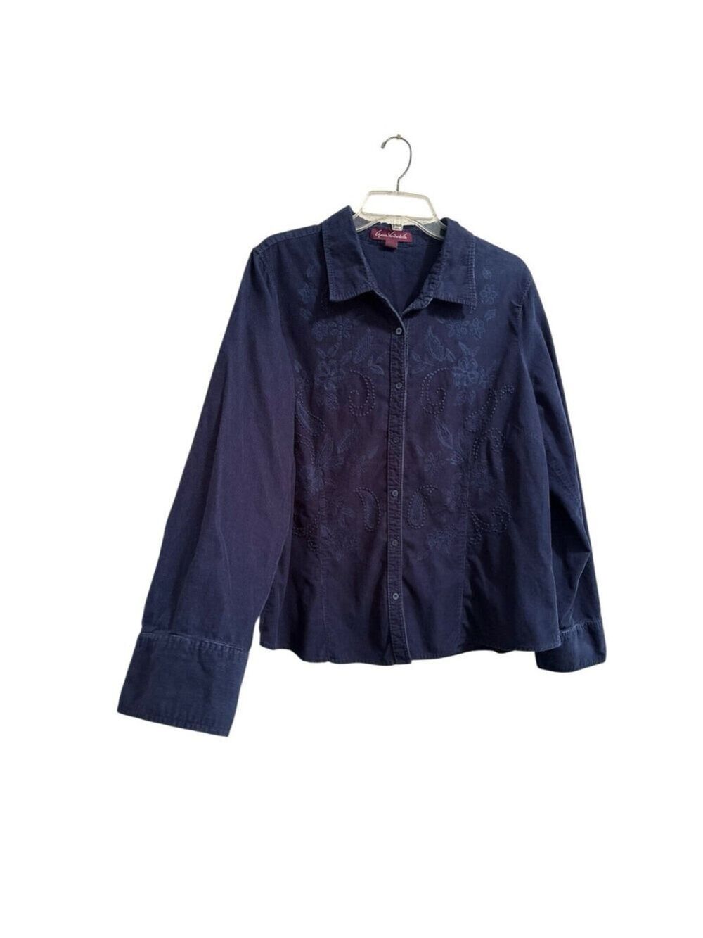 Gloria Vanderbilt Embroidered Corduroy Button Blouse Shirt Womens XL Floral BLUE
